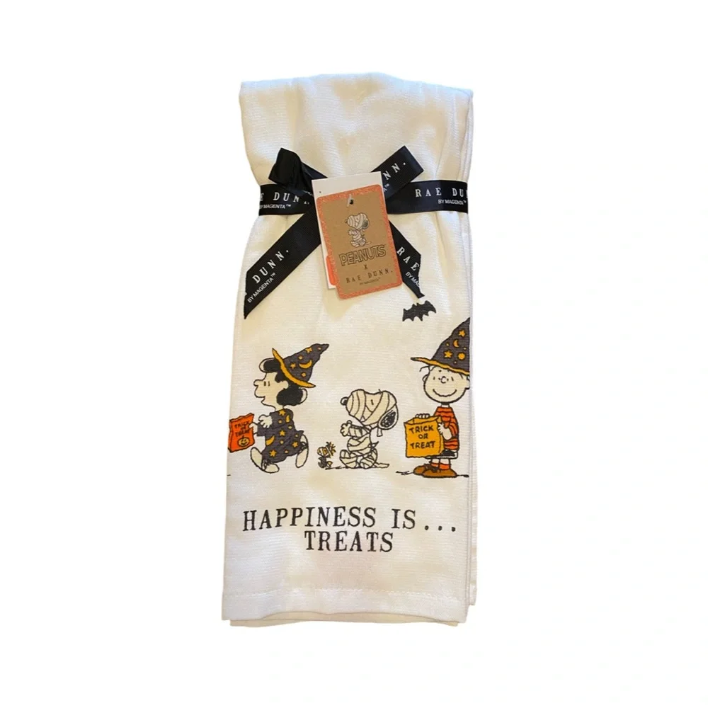 Rae Dunn Peanuts Halloween Kitchen Towels Snoopy HAPPINESS IS TREATS!